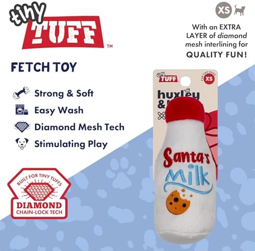 Huxley & Kent Funny Dog Toy w/Squeaker – Holiday Power Plush Squeaky Dog Toys for Small Dogs – Durable Small Stuffed Animal for Indoor Play & Fetch - Tiny Tuff Santa's Milk