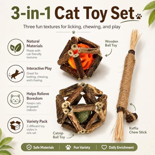 3-in-1 Cat Toy Set with Silvervine Stick Balls, Catnip Vine Ball & Raffia Chew Stick, Interactive Natural Chew Toys for Indoor Cats, Kitten Teething, Batting, Chasing, Licking, Daily Enrichment Play