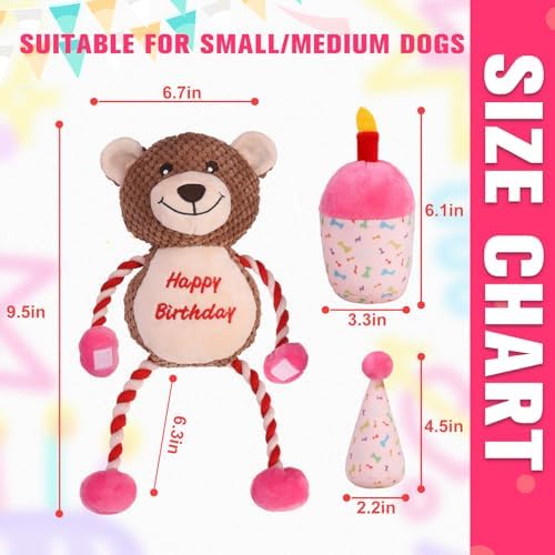EXPAWLORER Squeaky Dog Birthday Toys - Durable Plush Dog Toy with Crinkle Paper,Chew Toys Soft Fabric for Small, Medium, and Large Dogs to Keep Them Busy,Training Reward, Pink Bear