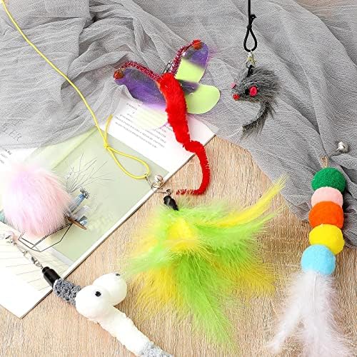 Charniol 8 Pcs Interactive Cat Feather Toys, Indoor Hanging Retractable Cat Toys, Dragonfly Little Mouse Interactive Teaser Toy Kitten Toy for Self Indoor Play Make Fun Chase Exercise, 6 Styles