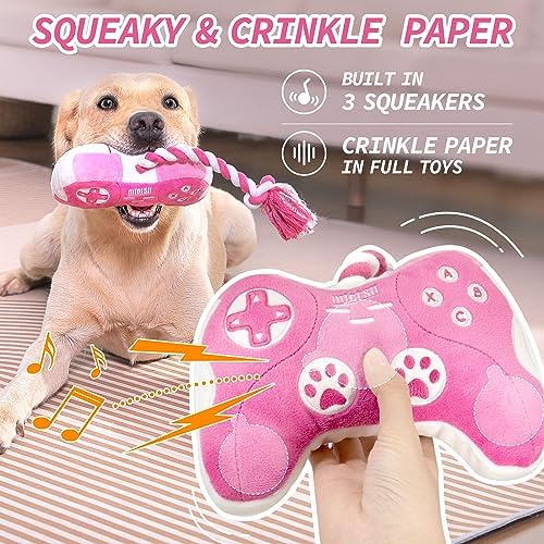 MTERSN Squeaky Dog Toys with Crinkle Paper for Tug of Interactive War, Pink