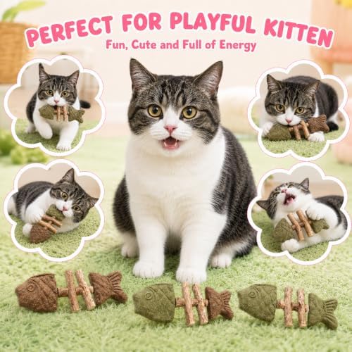 Cat Chew Toy Natural Silvervine Catnip Blend Fish Bone Shaped Teething Sticks for Indoor Kittens to Bite and Play with Fun Stimulation for Pet Mouth Dental Care and Teeth Cleaning