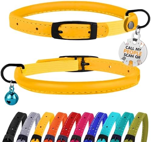 BRONZEDOG Cat Collar with Bell Kitten Rolled Leather Collars Safety QR ID Name Tag (Mustard Yellow)