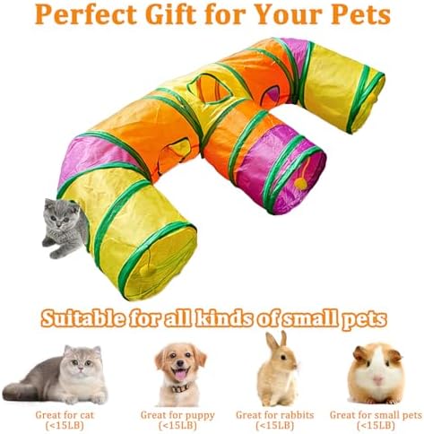 3 Way Collapsible Cat Tunnels with Interactive Ball, E Shape Folded Pet Tube Toy for Indoor Cats, Puppy, Kitty, Kitten, Rabbit