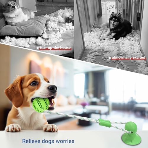 Dog Toy Suction Cup Tug of War, Interactive Chew Toy for Aggressive Chewers, Puppy Teething & Teeth Cleaning, Treat Dispensing Puzzle Ball, Rope Toys for Dogs - Green