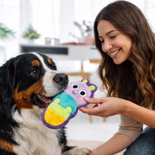 Outward Hound Tough Skinz Dog Toy, Durable Plush with 2X Lining, No Stuffing, Jumbo Squeaker, Caterpillar, 9.5"