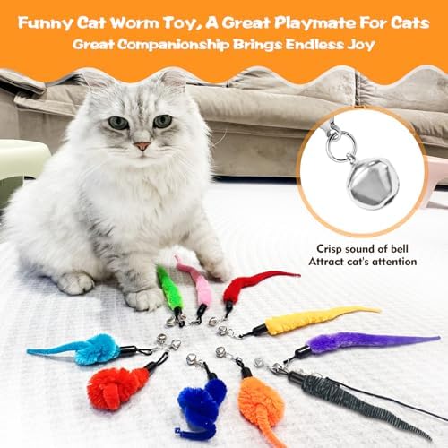 Kerros Fuzzy Worm Cat Wand Refills with Black String, 10 Pcs