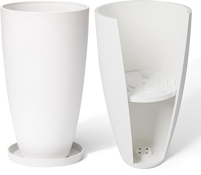 LA Jolie Muse Tall White Planters Set of 2,20 Inch Indoor/Outdoor Round Planters with Shelf Inset,Modern Large Planters with Drainage Holes for Front Door,Balcony and Patio Deck | Set of 2, Large Flower Pots with Drainage Holes and Tray, Modern Planter...