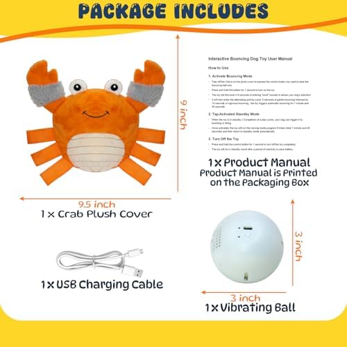 Automatic Bouncing Squeaky Dog Toy, USB Rechargeable Crab Ball for Large