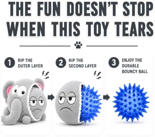 Dog Toy for Aggressive Chewers | No Stuffing Crinkle Plush 3-in-1 Elephant