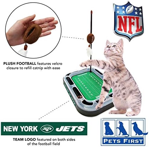 Cat Scratching Pets First NFL New York Jets Football Field CAT Scratcher Toy with Catnip Filled Plush Football Toy & Feather Cat Toy Hanging & Jingle Bell Interactive Ball Cat Chasing 5-in-1 Kitty Toy