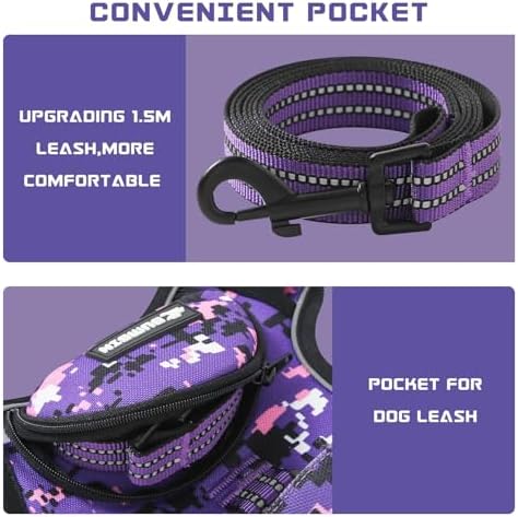 No Pull Dog Harness for Large Dogs, Adjustable No Choke Pet Vest with Dog Leash Fit Smart Reflective Pet Walking Harness for Training Easy Control Soft Handle Purple Camo L