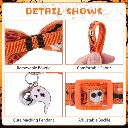 KOOLTAIL Halloween Cat Collar Breakaway with Bowtie and Bells, 3 Pack Cute Kitten Collars, Adjustable Safety Buckle Pumpkin Ghost Charm Pendant Pet Collars for Kitty Boys Girls Cats Holiday Orange