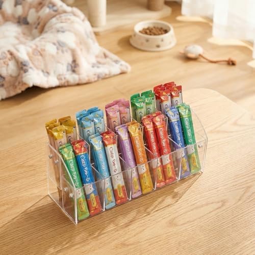 Cat Treat Holder Organizer, 2 Tier 10 Compartment Clear Acrylic Storage Rack for Lickable Wet Treats, Countertop Display Stand for Pet Tubes and Squeeze Up Pouches