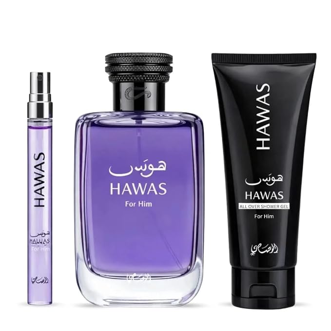 RASASI Hawas For Men 3-Piece Perfume Gift Set Eau De Parfum Spray 100ML (3.4 Oz) & 10ml (0.34 Oz) & Shower Gel 60ml (2.03 Oz)
