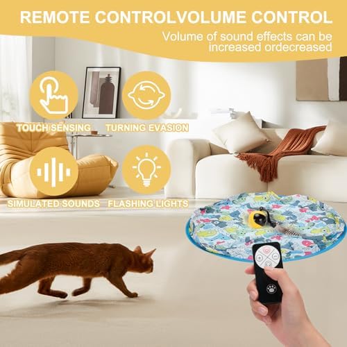 Interactive Remote Control Cat Toy with Sound & Light Locator, Hidden Rolling Ball Under Playmat, Bird Chirp & LED, Touch-Activated, USB Rechargeable Indoor Hunting Toy Blue+Yellow