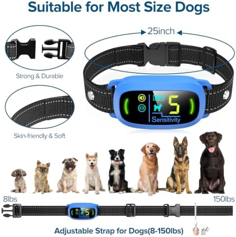 FAFAFROG Dog Bark Collar, Rechargeable Smart Collar, Anti Barking Training Collar with 5 Adjustable Sensitivity Beep Vibration, Bark Collar for Large Medium Small Dogs (Blue)