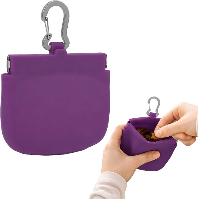 Silicone Dog Treat Pouch for Pet Training One-Hand Access One Cup Silicone Treat Bag with Pull Tab and Auto Closing Lid Treat Pouches for Leash(Color: Purple)