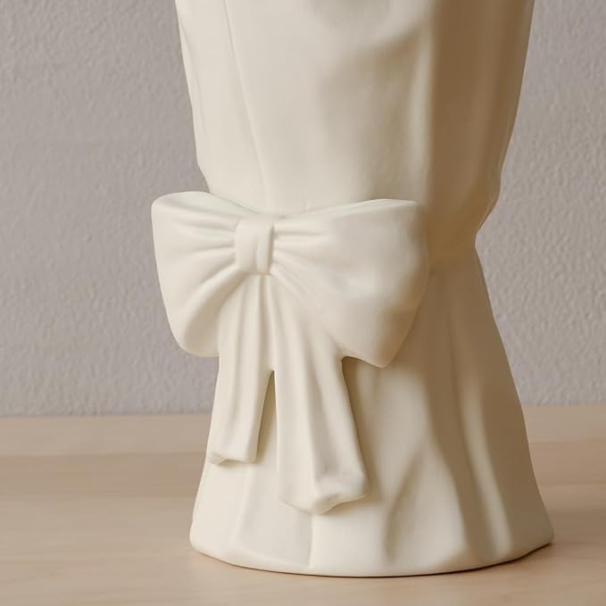 WENSHUO Flower Vase, Ceramic Bow Vase for Flowers, 10 in, Matte Crème | Irregular ceramic bow vase for fresh or dried flowers, wedding centerpieces and home decor. Smooth matte cream-toned glaze.