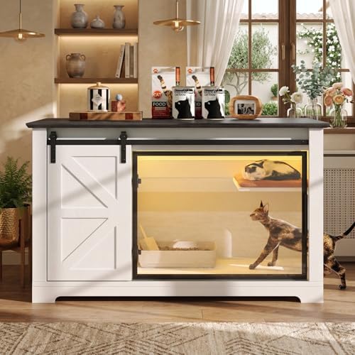 46" Cat Litter Box Enclosure Furniture with LED Light, Hidden Large Cat Cabinet with Storage Drawer & Sliding Barn Door, Indoor Pet House with Acrylic Door for Living Room, White