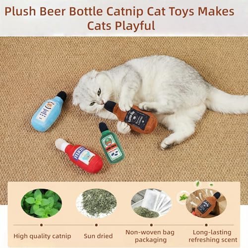 4PCS Cat Toys Plush Beer Bottle, Catnip Crinkle Sound Kitten Kicker