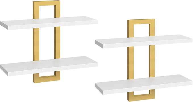 HOOBRO Floating Shelves, 15 Inch Wall Shelf Set of 2, Wall Mounted Storage Shelves 2-Tier, Hanging Bathroom Shelves, for Living Room, Bedroom, Bathroom, Kitchen, White and Gold DW32BJ01