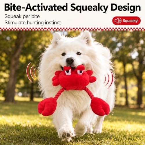Squeaky Dog Plush Chew Toy, Interactive Tug Squeaky Toy for Chewers, Medium & Large Dogs & Fetch Play, 18.1 Inch Stuffed Crab Toy with Rope Twisted Claws for Gentle Gum Care & Boredom Relief, Red