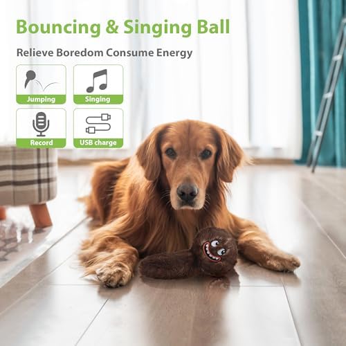 PETGEEK Interactive Dog Toys Ball - Upgraded Automatic Squeaky Vibrating Dog Ball, 900mAh Rechargeable Bouncing Ball with Washable Plush Cover, Crinkle Dog Toy with Recording Music(6 Inches, Brown)