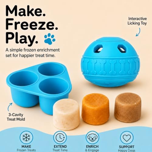 Frozen Treat Dog Toy Set with Freezer Tray, Interactive Rubber Chew Toy, Treat Ball Holder for Licking & Chewing, Dog Enrichment Toy to Keep Dogs Busy (Blue)