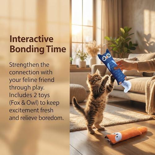 Fashion's Talk Catnip Toys for Indoor Cats, 2-Pack Large Plush Fox & Owl Kicker Toys, Cat Chew Toys with Crinkle Sound Organic Catnip – Hunting Instincts Exercise (2)