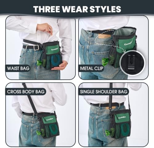 Dog Treat Pouch, 4 Cup Training Bag, Magnetic Closure, 3 Way Wear, Green | 600D waterproof Oxford fabric, multi pocket storage, zipper and mesh pockets, pull out poop bag dispenser, includes 2 rolls