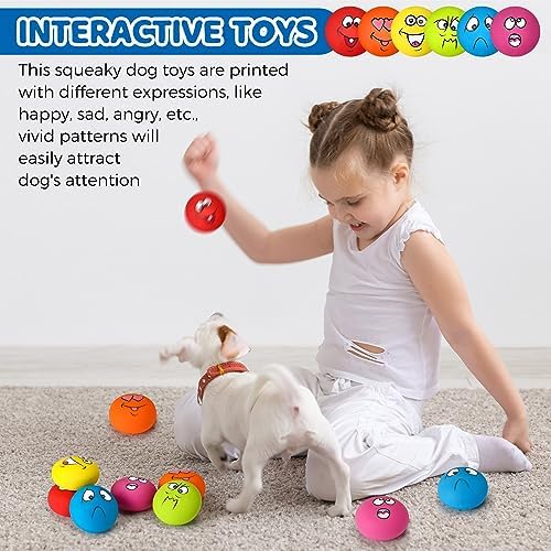 Jenaai 24 Pieces Funny Face Squeaky Dog Toys Latex Soft Toys Emoticon Dog Squeaky Ball Interactive Balls Fetch Play Toy for Small Medium Pets Animals Puppies Training(Multiple Colors)
