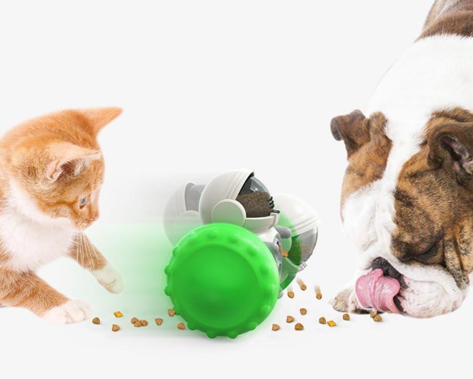 Interactive Pet Food Dispenser Toy for Dogs and Cats, Treat Dispensing Rolling Ball with Textured Wheels, Available in Yellow, Green, Black (Green)
