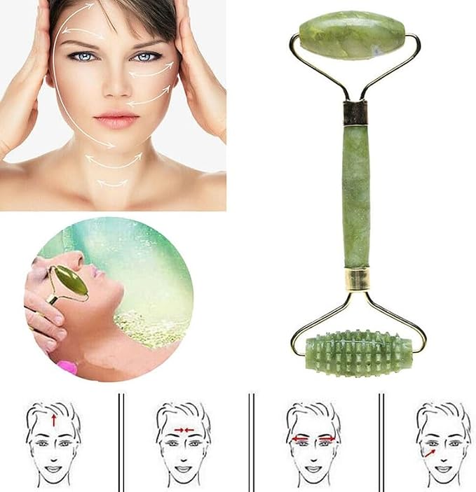Jade Roller & Gua Sha Set 5-in-1, Full Body Massage Tools | Cool natural Xiuyan jade for depuffing facial massage, portable travel skincare kit, ideal stocking stuffer gifts for women