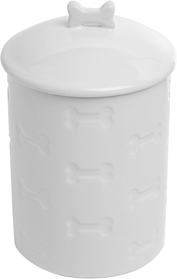 Park Life Designs Ceramic Treat Jar, Kitchen Countertop Container for Dogs, Cats, Puppies and More, Chic Container with Airtight Lid for Cookies, Biscuits and Treats (Manor) (Bones, White, 1.4 Qt)