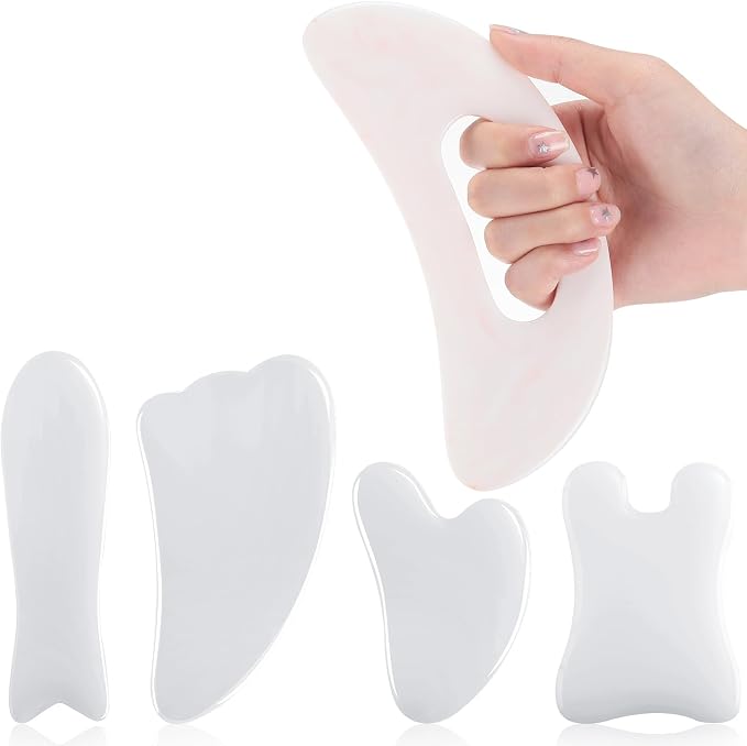 Treela 5 Pcs Gua Sha Facial Tools Set and 1 Pcs Body Gua Sha Massage Tool with Handle for Face Back Neck Leg Body Scraping Massage Board Guasha Comb(Jade, Resin,White)