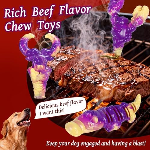 Indestructible Dog Toys for Aggressive Chewers, Tough Dog Toys for Large Dogs, Durable Dog Chew Toys to Keep Them Busy, Interactive Aggressive Chew Toys for Medium Dogs, Beef Flavor (Cro+Bull)