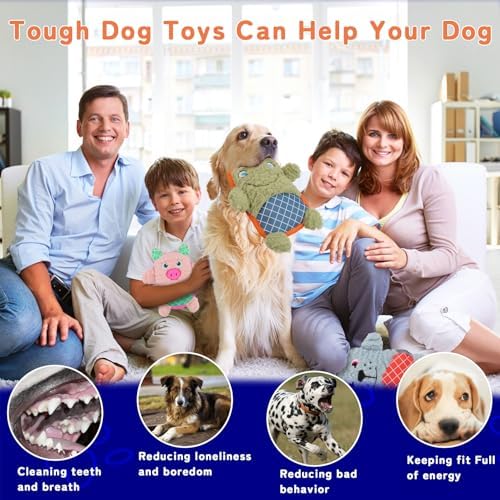 Crinkle Dog Toys Squeaky Plush No Stuffing Cute Puppy Stuffless Tough Rop Pull Toy, Fun Dog Stuffed Animals Durable Chew Set for Small Medium Large Pup (Large, Pink Pig+Green Frog+Blue Dog)