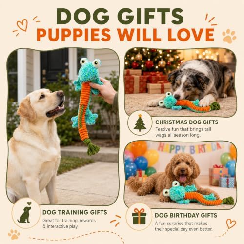 Dog Toys Squeaky Plush No Stuffing, Stuffless Crinkle Dog Toy with Rope Tug Pull Design, Durable Chew Toy for Puppies Small Medium Large Dogs, Fun Interactive Pet Toy