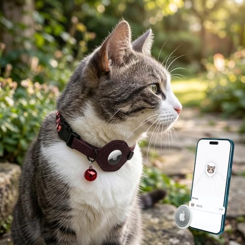 Breakaway Cat Collar with Leather AirTag Holder & Bell - Apple Air Tag Cat Collars for Girls & Boys, Lightweight Anti-Lost GPS Tracker Design, Printed Pattern - Safety and Adjustable (Crossandra)