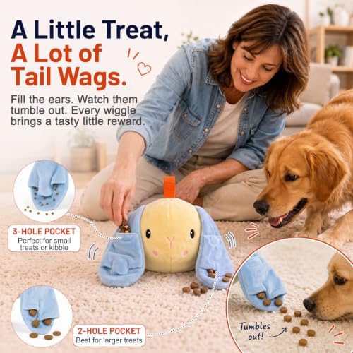 Interactive Dog Toys - Wiggly Bunny Plush with Real-Time Voice Playback, Treat-Dispensing, Vibrating, Squeaky & Crinkle, USB Rechargeable, Pet-Safe & Washable for Puppies to Large Dogs