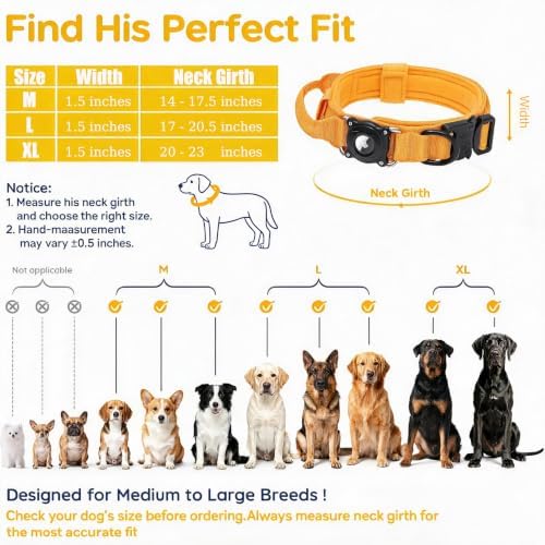 TAGHELP-AirTag Dog Collar with QR Code ID Tag, Tactical Military Reflective Adjustable Dog Collar with Holder Handle, for Large Medium Dogs, Durable Nylon with Metal Buckle (Yellow-M)