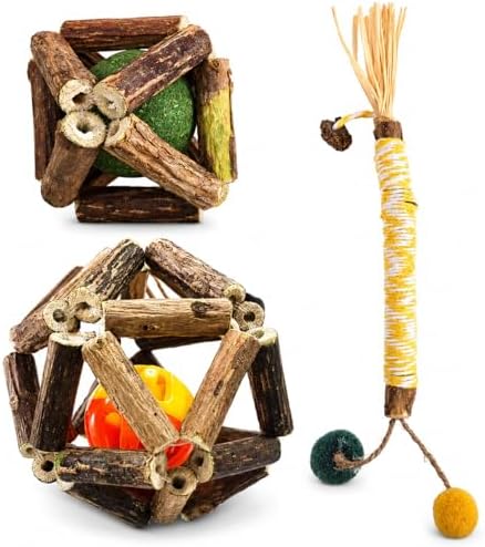 3 Pack Cat Toy Set, Catnip Vine Ball, Bell Vine Ball and Raffia Chew Stick, Natural Interactive Cat Chew Toys for Indoor Cats, Kitten Teething, Licking, Batting, Chasing, Pouncing, Boredom Relief Fun
