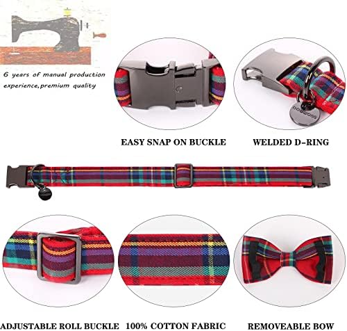 DOGWONG Christmas Dog Collar with Bow tie, Red Plaid Dog Collar Soft Durable Adjustable Cotton Red Tartan Gingham Puppy Collar for Small Medium Large Dog