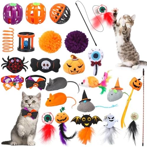 24 Pcs Halloween Catnip Toys, Mice Balls Feather Wands Plush Set