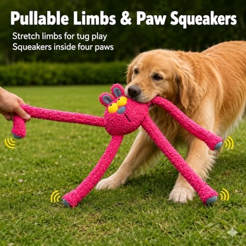 Squeaky Rabbit Dog Plush Chew Toy, Interactive Tug Squeaky Toy for Chewers, Medium Large Dogs & Fetch Play, 31.5 Inch Stuffed Play Toy with Stretchable Limbs for Gentle Gum Care & Boredom Relief