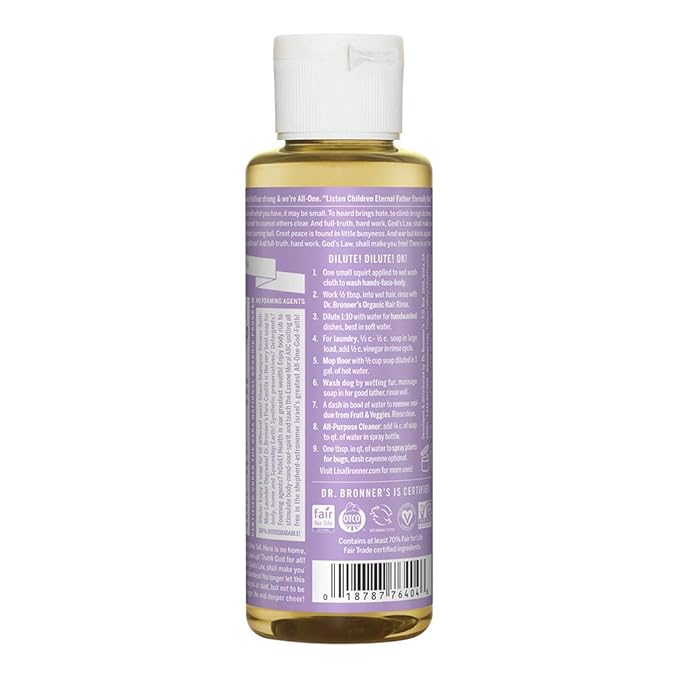 Dr. Bronner's - Pure-Castile Liquid Soap (Lavender, 4 ounce) - Made with Organic Oils, 18-in-1 Uses: Face, Body, Hair, Laundry, Pets and Dishes, Concentrated, Vegan, Non-GMO