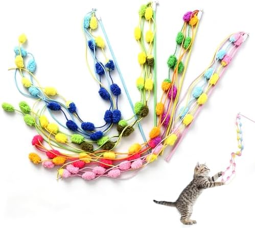 Cat Wands 4 PCS Colorful Pom Pom String Teaser Stick Interactive Cat Toys