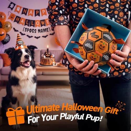 QDAN Halloween Dog Toys, Soccer Balls with Straps, 8 Inch Interactive Toys | Large Dog Herding Balls for Tug of War, Durable Ropes Toys for 30-90 lbs Dogs, Outside Training Chase Toy, Puppy Birthday