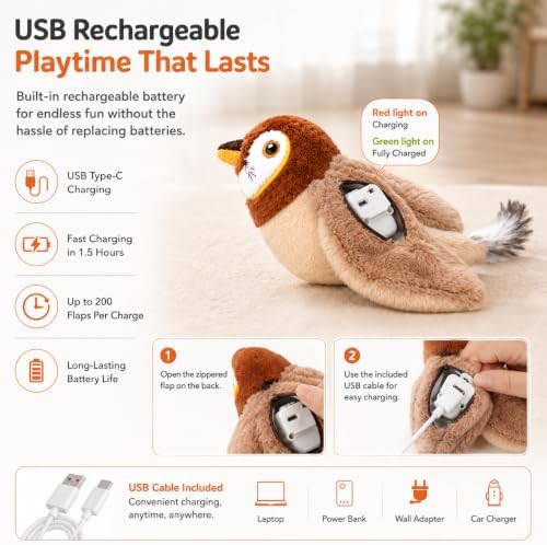Tweetpaw Cat Toy with 3 Flapping Modes and Catnip, Realistic Chirping Sound, Rechargeable Interactive Toys for All Breeds Cat，Black